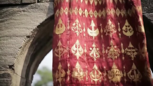 Intricate fabric with gold patterns drapes across an ancient stone archway, heritage textile.