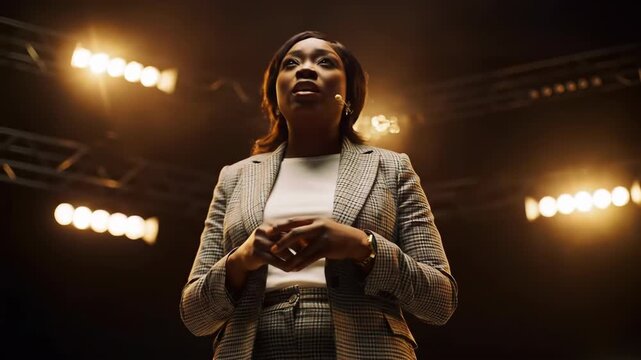 Confident African American woman giving speech on stage, public speaker, leadership, presentation, communication, businesswoman, success.
