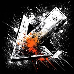 Bold, stylized arrow points left.  Graphic design with textured, white arrowhead, splattered with paint in black, white, and orange