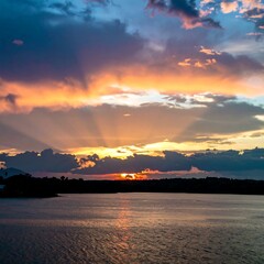 Dramatic sunset over a lake, with vibrant clouds