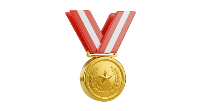 3d icon of gold medal with red and white ribbon isolated on transparent background, representing achievement and success