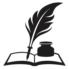 Vintage Quill Pen and Inkwell on Open Book Clipart Illustration: Classic Writing Art Design