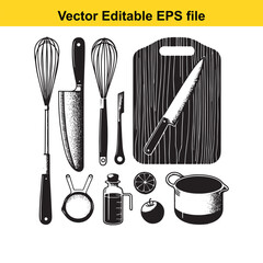 Vector art of handdrawn sketch of kitchen utensils, cutting board, and ingredients, , vector illustration