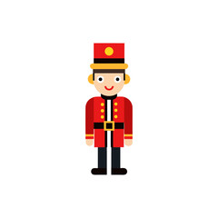 Charming toy soldier in red uniform with tall hat standing isolated on a clean surface