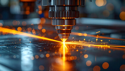 Laser Cutting Precision: A close-up captures a high-powered laser precisely cutting through metal, igniting sparks and creating a dynamic display of light and technology.