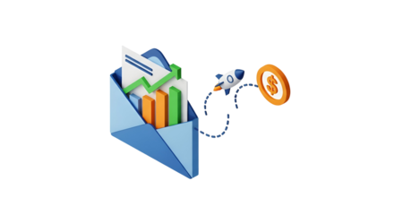 3d icon of isometric illustration of email marketing campaign with rocket and dollar coin isolated on transparent background