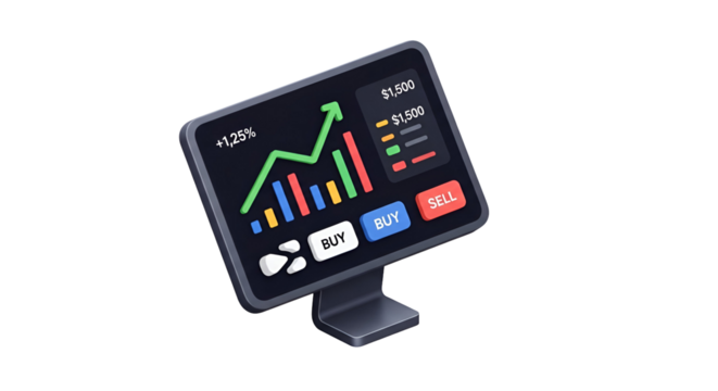 3d icon of a 3d rendering of a computer monitor displaying a stock market chart isolated on transparent background