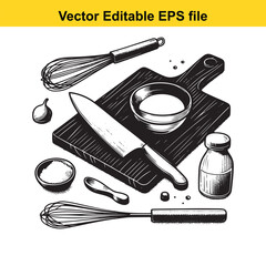 Vector art of a still life arrangement of kitchen tools and ingredients, featuring a knife, cutting board, bowls, and a bottle, isolated on a