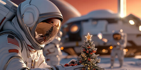 Astronauts wearing spacesuits with american flag celebrating christmas on the surface of the Moon, decorating a small christmas tree in front of their lunar base at sunset
