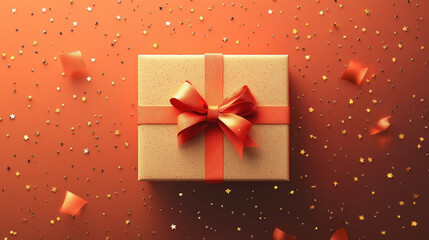 Luxurious golden gift box featuring bright red ribbon resting on shimmering orange surface scattered with golden star confetti, evoking festive holiday spirit