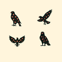 Obraz premium Set of decorative bird silhouettes with star shapes inside. Includes owl, eagle, falcon and flying bird. Minimalist design, suitable for logos, icons, tattoo art, and celestial themed graphics.