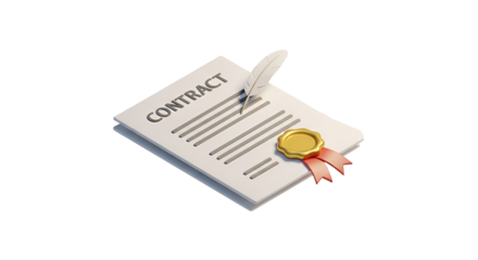 3d icon of contract document with feather pen and seal, symbolizing agreement and commitment isolated on transparent background