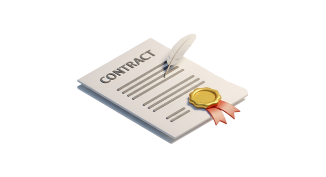 3d icon of contract document with feather pen and seal, symbolizing agreement and commitment isolated on transparent background