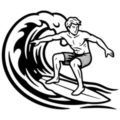 Surfer riding a powerful ocean wave. Dynamic black and white vector illustration of an extreme water sport for a surf club logo, t-shirt design, or summer poster.   © DINA