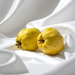 Two ripe, yellow quinces rest on a smooth, white fabric.  Soft light highlights the fruit's texture