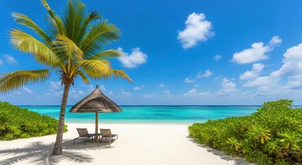 Tropical beach with palm tree and lounge chairs