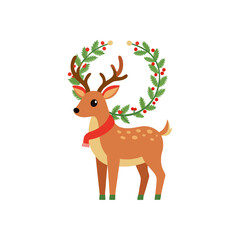 Fototapeta premium Charming cute reindeer wearing a red scarf with a festive holiday wreath
