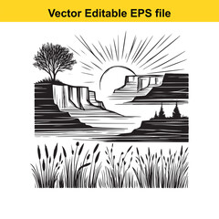 Vector art of a black and white illustration of a grand canyon landscape with a tree, sun rays, and reeds in the foreground