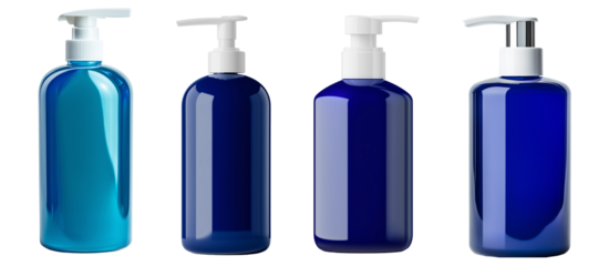 Set of blue liquid dispenser bottle, isolated on white background. PNG