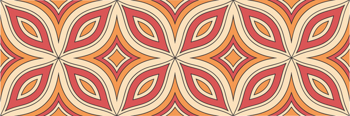 Seamless geometric retro pattern with orange, beige, and red abstract shapes forming floral symmetry. Vintage decorative background perfect for textile, wallpaper, and graphic design. Stylish 70s insp