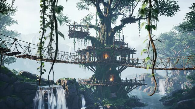 Lush green jungle landscape with a multi-level treehouse and hanging vines, waterfall, fantasy location, rainforest.
