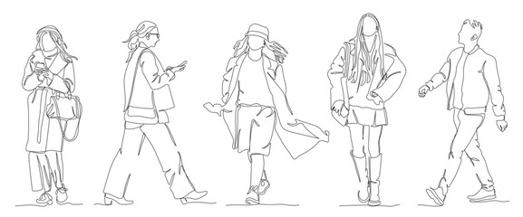 People man and women walking set. Wea warm clothes. Continuous line drawing elements. Vector illustration in line art style. Editable stroke.
