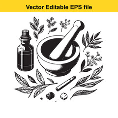 Vector art of handdrawn illustration of a mortar and pestle with a bottle of essential oil and botanical elements