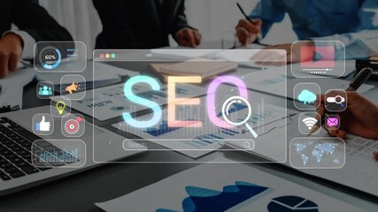 A dynamic scene showcasing a diverse team collaboratively developing an SEO strategy, featuring digital interface overlays that symbolize technology and data analysis. Raster - Powered by Adobe