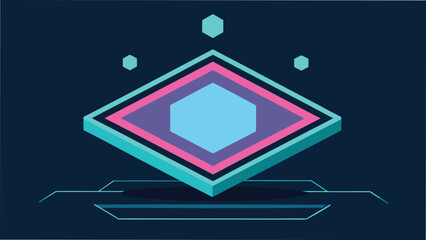 Vector art of isometric platform with a diamond shape and futuristic design, floating in a digital space with neon lights