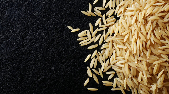 Orzo pasta spread evenly over a black surface, each tiny grain resembling rice with a smooth, glossy sheen.