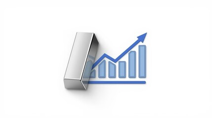Minimalist Silver Icon of Rising Stock Chart with Colored Bars Next to an Increasing Trend Arrow on a White Background