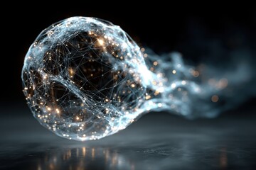 Abstract glowing sphere with network connections, particle system, and simulated motion in a digital dark space