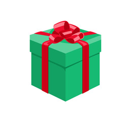Green gift box with red ribbon isolated on white background. Present for Christmas or New Year. Vector cartoon flat illustration.