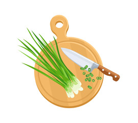 Fresh green onion or scallion on wooden board, knife isolated on white background. Cooking concept. Vector cartoon flat illustration.