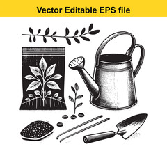 Vector art of a closeup view of gardening essentials, featuring a watering can, seed packet, trowel, and scattered seeds