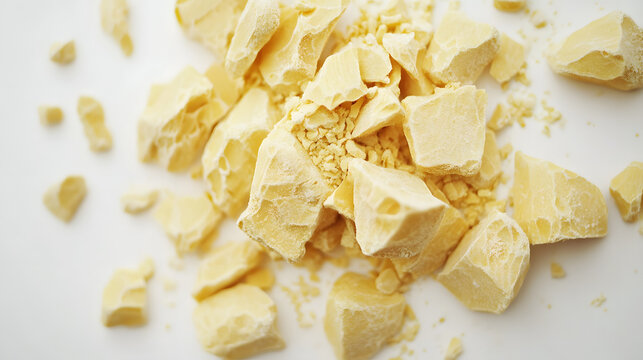 Pale yellow asafoetida chunks distributed sparsely over a flat, textureless white background, their rough texture striking.