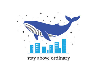 Whale Floating Above City Minimalist Line Illustration t-shirt design vector