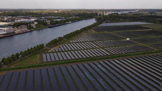 Solar panels, along the Amsterdam, rhine canal, Princess Irene Locks, renewable energy.
