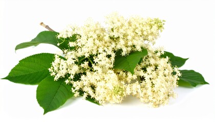 Elderflower Blossom Branch Delicate White Flowers, Green Leaves
