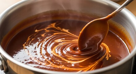 Chocolate sauce swirling in a stainless steel pot.