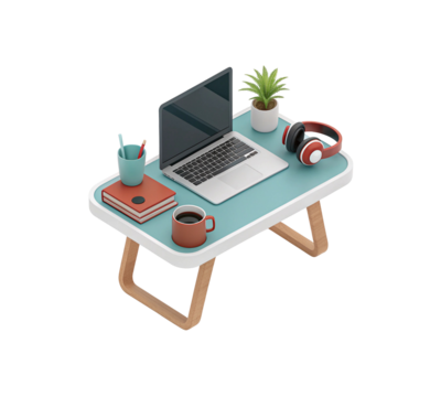 Laptop desk setup with coffee, headphones, and plant for home office working on transparent background - Powered by Adobe