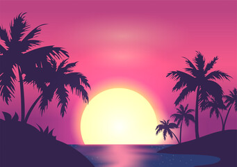 Naklejka premium A futuristic neon retro landscape with palm trees and a glowing sunset over the ocean. Retrofuturism. Neon Sunset