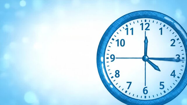 Blue wall clock shows four o'clock with a light background. The clock has a white face and blue frame, hands and numerals with a bright blue background.