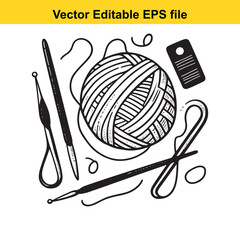 Vector art of handdrawn illustration of a ball of yarn with knitting needles and crochet hook