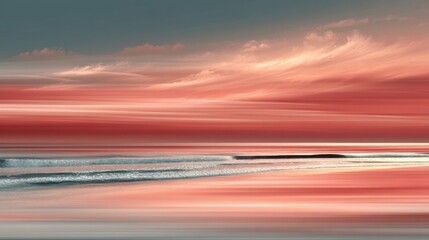 Obraz premium Vivid Coral Sunset Over a Reflective Ocean Horizon with Wispy Clouds