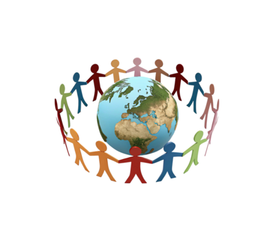 Global community people holding hands around the world peace and unity concept on transparent background