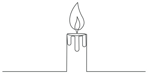 Continuous one line drawing of a candle with flame blending into a swirl, minimalist continuous single line art in black on white