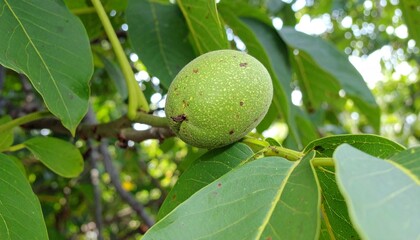 Green Walnut Fruit Growing on Tree Branch with Lush Leaves