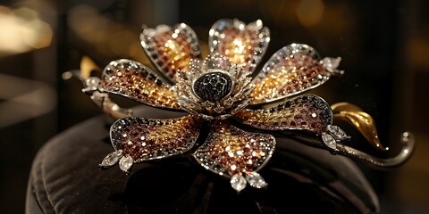 Naklejka premium Exquisite floral brooch adorned with sparkling gemstones and intricate metalwork.