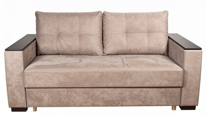Beige Sofa with Two Pillows, Dark Wood Accents, Modern Design